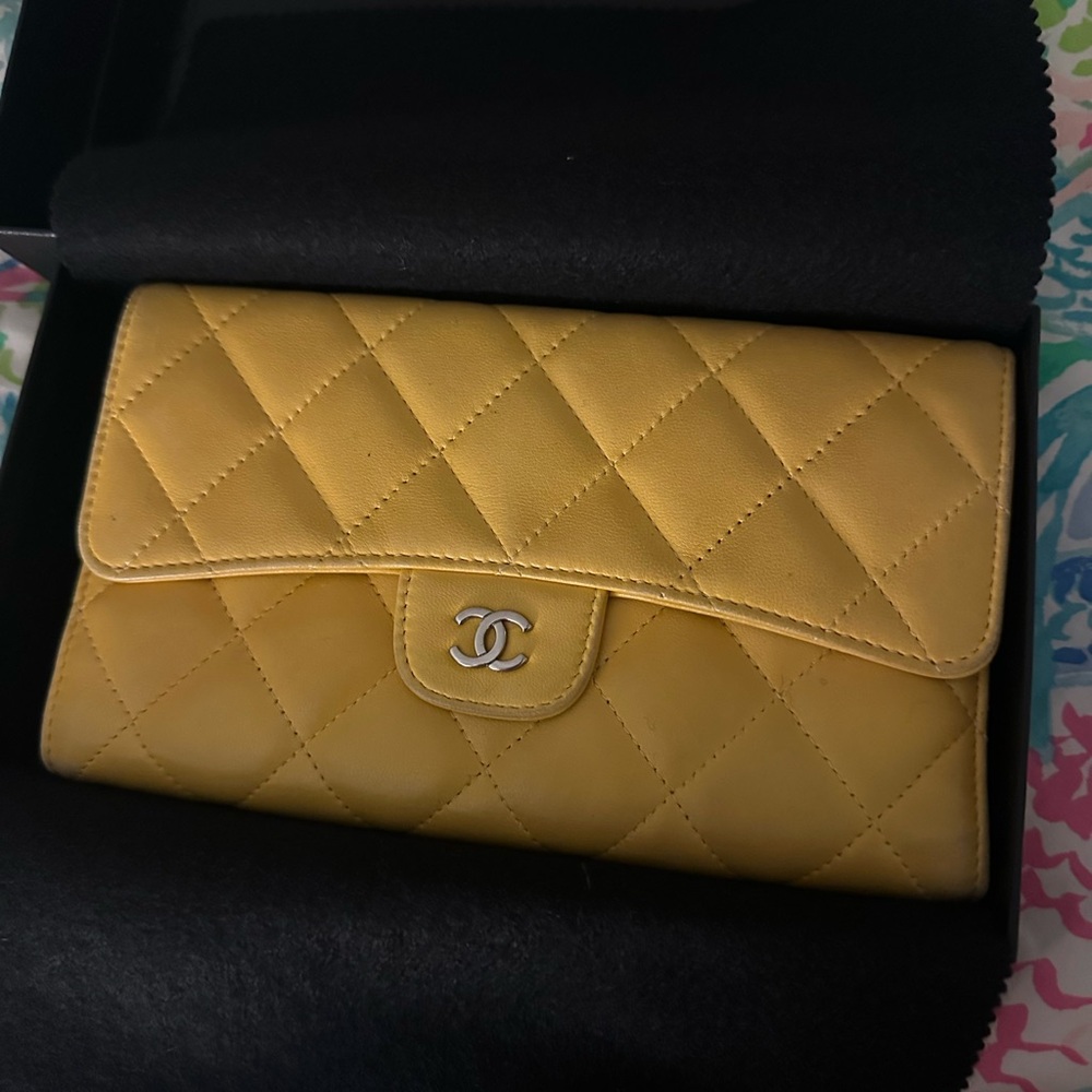 CHANEL Yellow Lambskin Quilted Long Wallet
